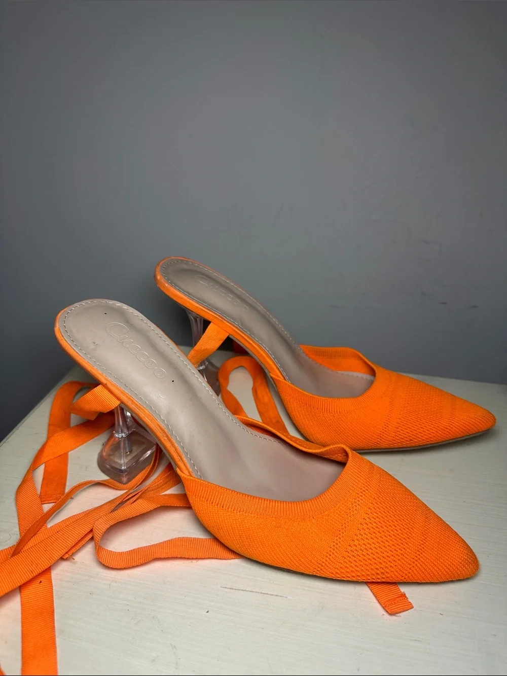 Cuccoo Orange Pointed Toe Lace-Up see through heels
